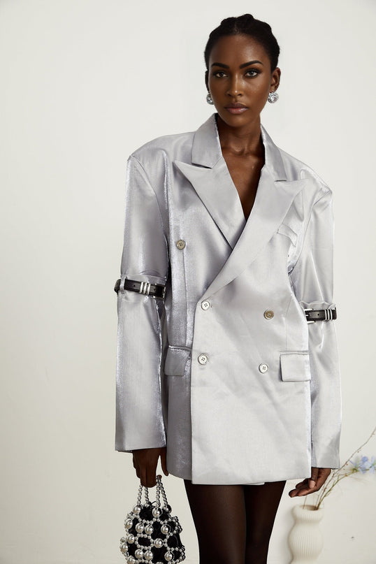 Zoe Grey Metallic Arm Belted Blazer with Peak Lapels and Flap Pockets