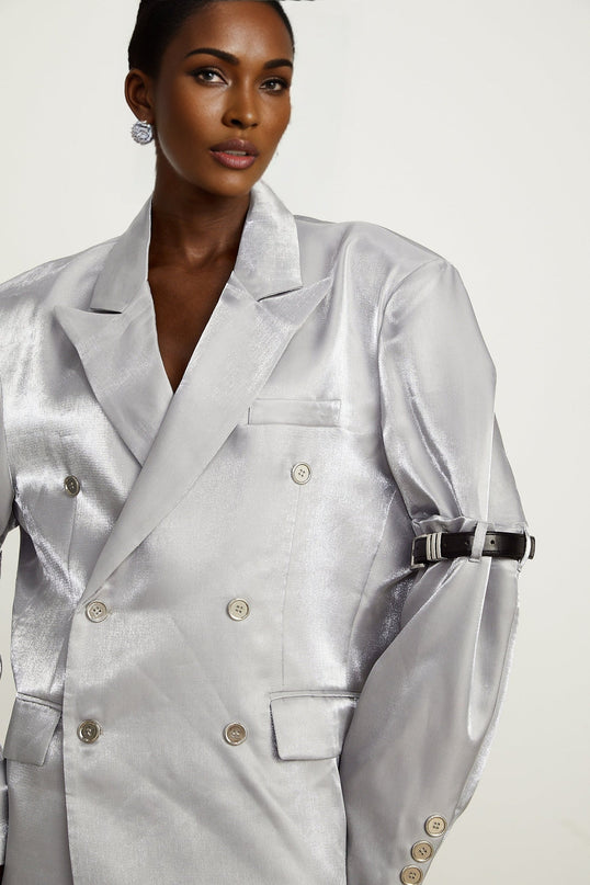 Zoe Grey Metallic Arm Belted Blazer with Peak Lapels and Flap Pockets