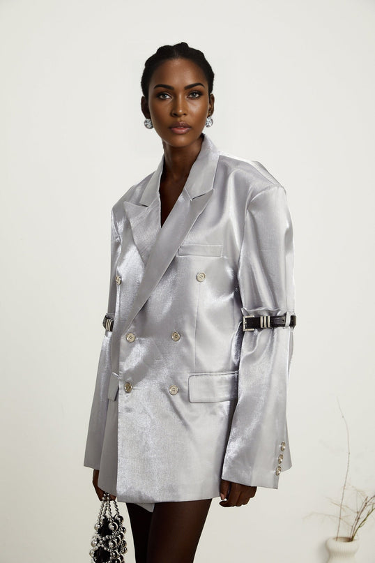 Zoe Grey Metallic Arm Belted Blazer with Peak Lapels and Flap Pockets