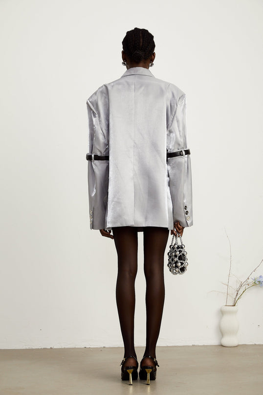 Zoe Grey Metallic Arm Belted Blazer with Peak Lapels and Adjustable Arm-Belts