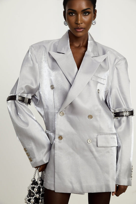 Zoe Grey Metallic Arm Belted Blazer with Peak Lapels and Flap Pockets