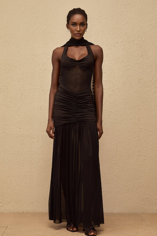 Zoe Maxi Dress in Striking Black Halterneck Gown with Mesh Paneling and Ruched Detailing