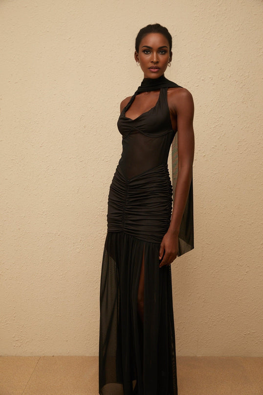 Zoe Maxi Dress in Striking Black Halterneck Gown with Mesh Paneling and Ruched Detailing