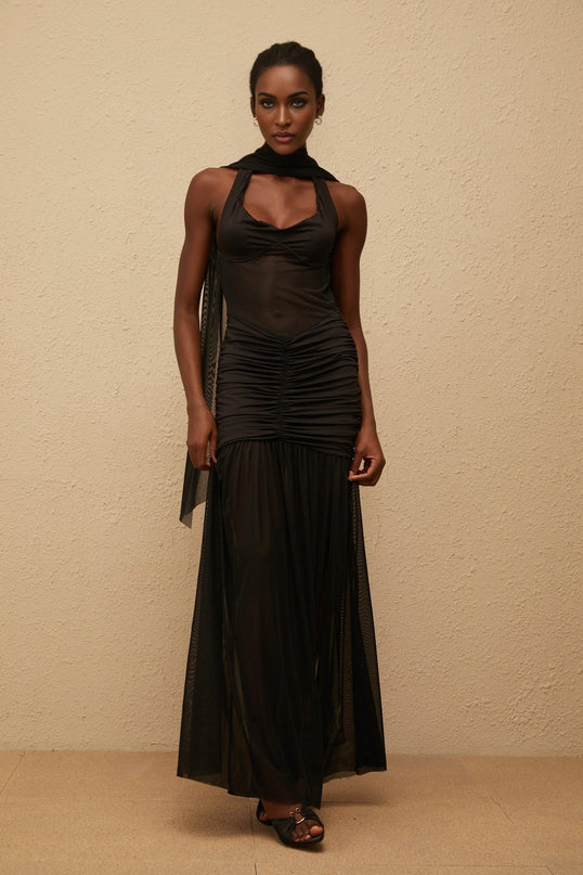 Zoe Maxi Dress in Striking Black Halterneck Gown with Mesh Paneling and Ruched Detailing