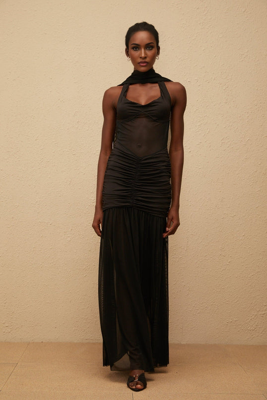 Zoe Maxi Dress in Striking Black Halterneck Gown with Mesh Paneling and Ruched Detailing