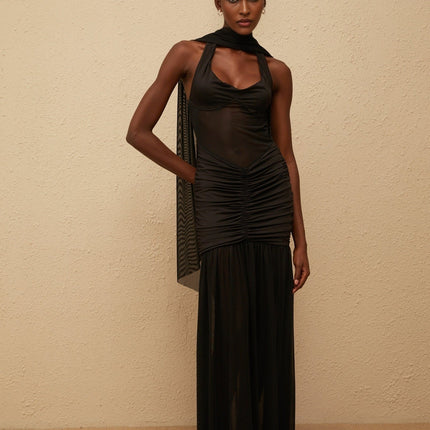 Zoe Maxi Dress in Striking Black Halterneck Gown with Mesh Paneling and Ruched Detailing