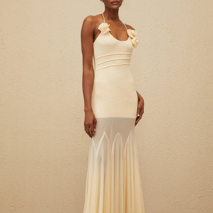 Zoe Maxi Dress Neutrals Floral Mesh Halterneck Gown 3D-Petal Embellishments Godet Design Terylene Spandex Sleeveless Luxury Refinement