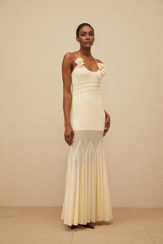 Zoe Maxi Dress Neutrals Floral Mesh Halterneck Gown 3D-Petal Embellishments Godet Design Terylene Spandex Sleeveless Luxury Refinement