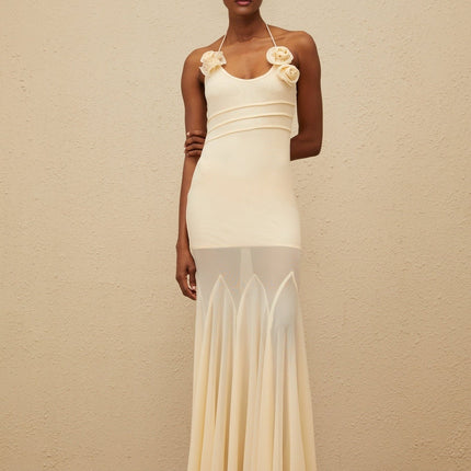 Zoe Maxi Dress Neutrals Floral Mesh Halterneck Gown 3D-Petal Embellishments Terylene Spandex Sleeveless Godet Design Luxury Refinement