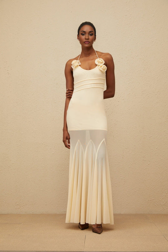 Zoe Maxi Dress Neutrals Floral Mesh Halterneck Gown 3D-Petal Embellishments Terylene Spandex Sleeveless Godet Design Luxury Refinement