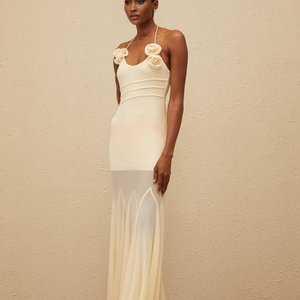Zoe Maxi Dress Neutrals Floral Mesh Halterneck Gown 3D-Petal Embellishments Godet Design Terylene Spandex Sleeveless Luxury Refinement