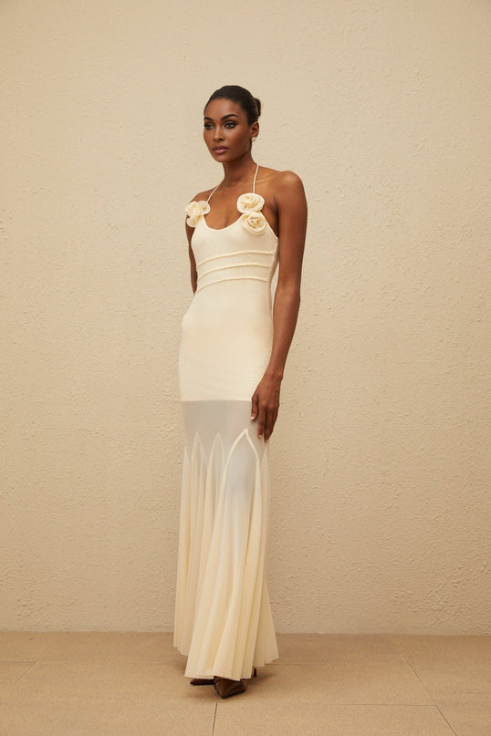 Zoe Maxi Dress Neutrals Floral Mesh Halterneck Gown 3D-Petal Embellishments Godet Design Terylene Spandex Sleeveless Luxury Refinement