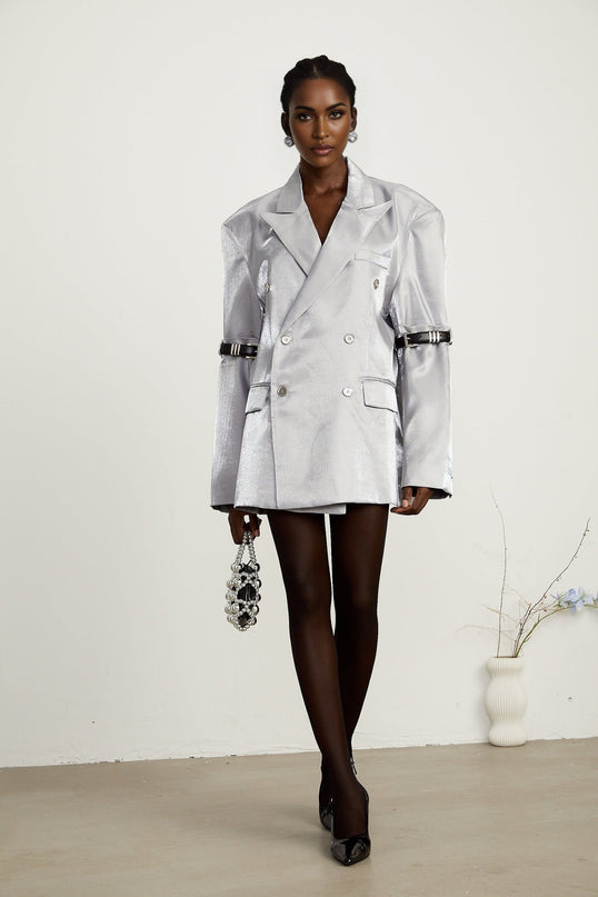 Zoe Metallic Arm Belted Blazer Grey Peak Lapels Flap Pockets