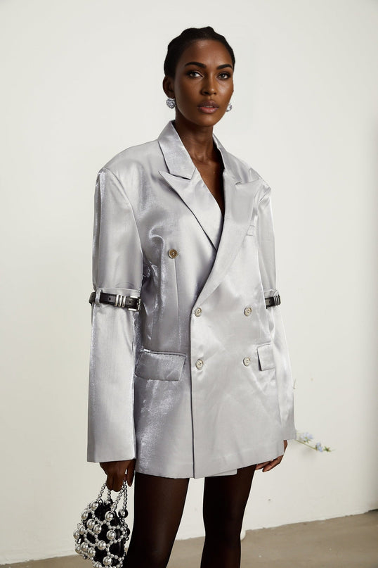 Zoe Metallic Arm Belted Grey Blazer with Metallic Threading and Peak Lapels