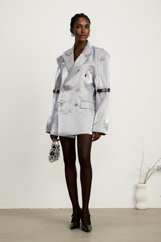 Zoe Metallic Arm Belted Grey Blazer with Metallic Threading and Peak Lapels