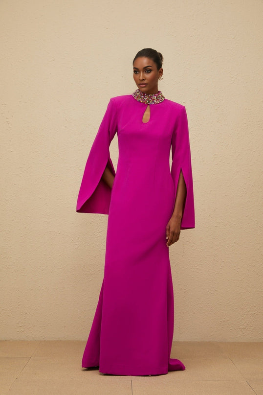 Zoe Pink Beaded Mermaid Maxi Gown in Fuchsia with Mock Neck and Split Sleeves