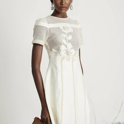 Zoe White Floral Embroidery A-line Midi Dress