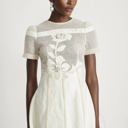 Zoe White Floral Embroidery A-line Midi Dress