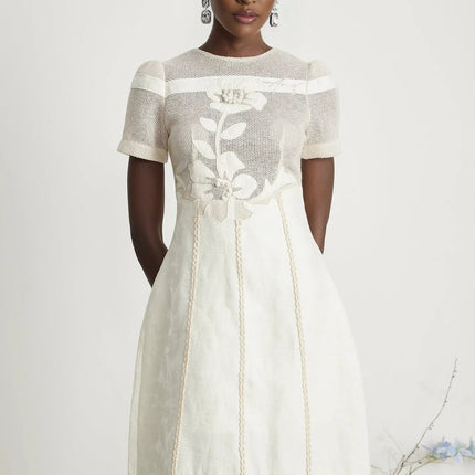 Zoe White Floral Embroidery A-line Midi Dress
