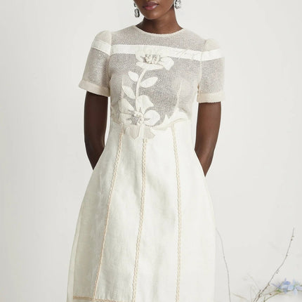 Zoe White Floral Embroidery A-line Midi Dress