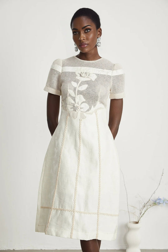 Zoe White Floral Embroidery A-line Midi Dress