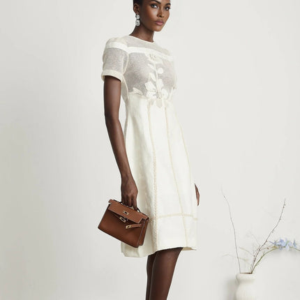 Zoe White Floral Embroidery A-line Midi Dress
