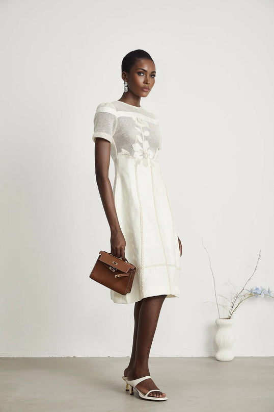 Zoe White Floral Embroidery A-line Midi Dress