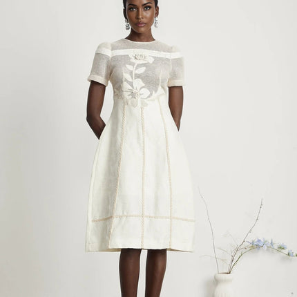 Zoe White Floral Embroidery A-line Midi Dress