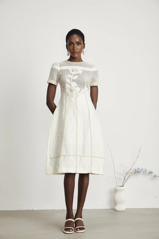 Zoe White Floral Embroidery A-line Midi Dress