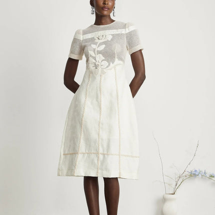 Zoe White Floral Embroidery A-line Midi Dress