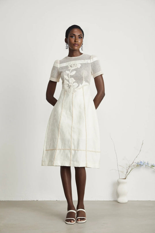 Zoe White Floral Embroidery A-line Midi Dress