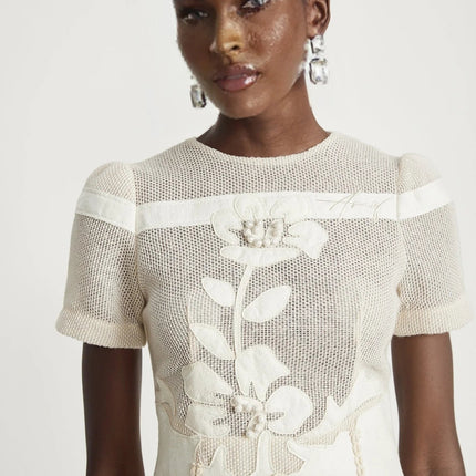 Zoe White Floral Embroidery A-line Midi Dress