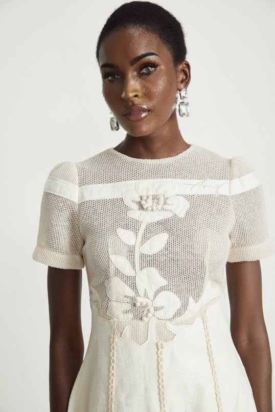 Zoe White Floral Embroidery A-line Midi Dress