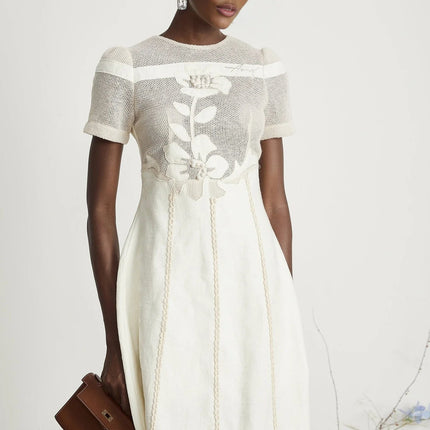 Zoe White Floral Embroidery A-line Midi Dress