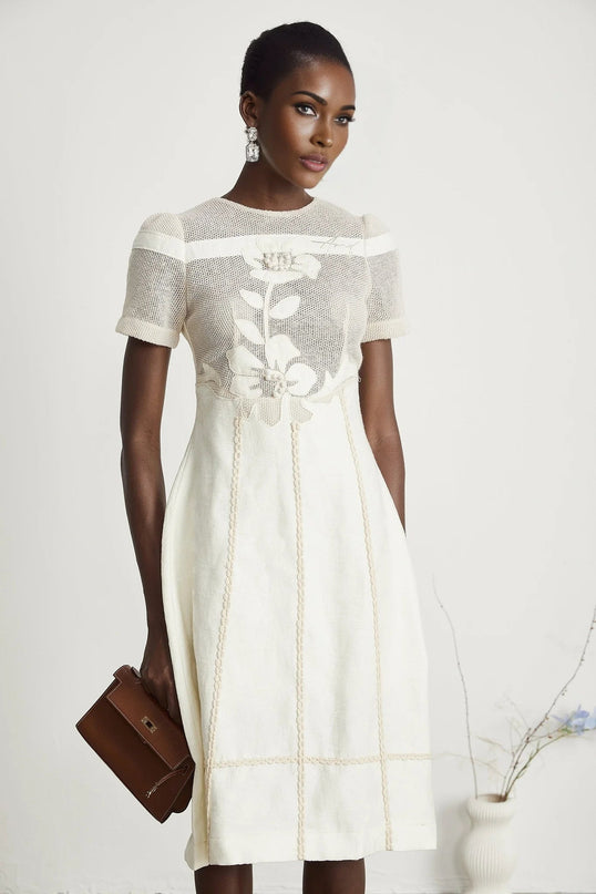 Zoe White Floral Embroidery A-line Midi Dress