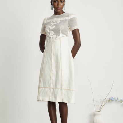 Zoe White Floral Embroidery A-line Midi Dress
