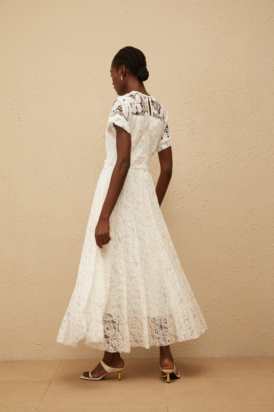 Zoe White Maxi Dress with Floral Lace and Butterfly Appliqué