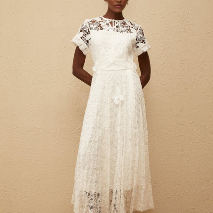 Zoe White Maxi Dress with Floral Lace and Butterfly Appliqué