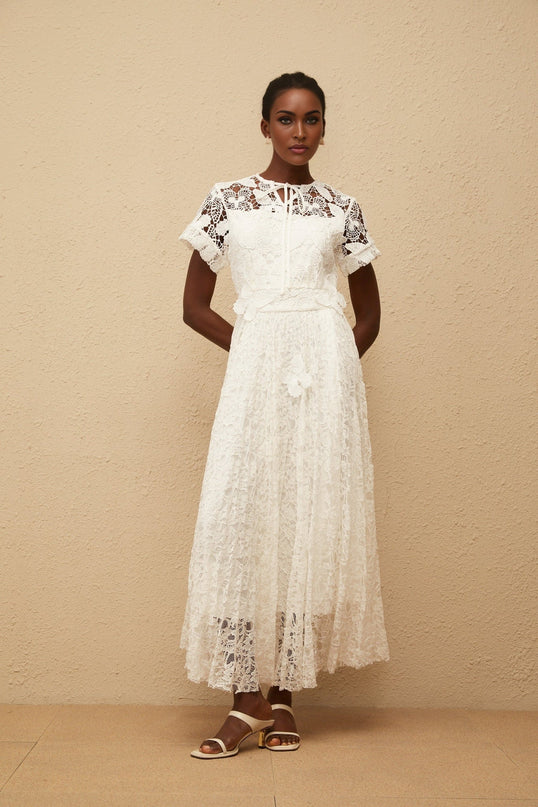 Zoe White Maxi Dress with Floral Lace and Butterfly Appliqué