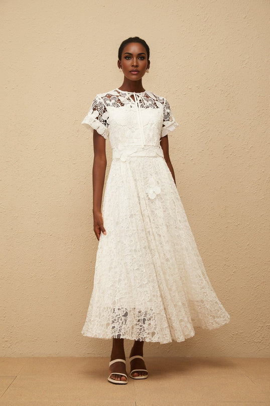 Zoe White Maxi Dress with Floral Lace and Butterfly Appliqué