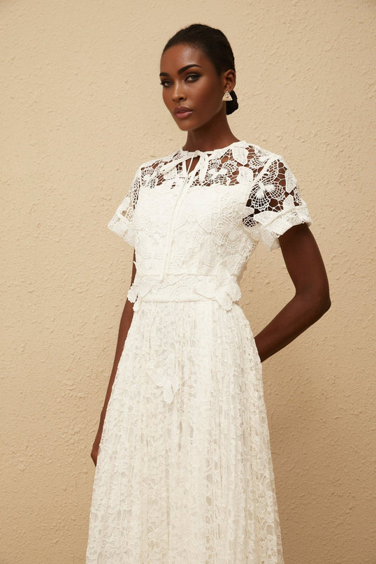 Zoe White Maxi Dress with Floral Lace and Butterfly Appliqué
