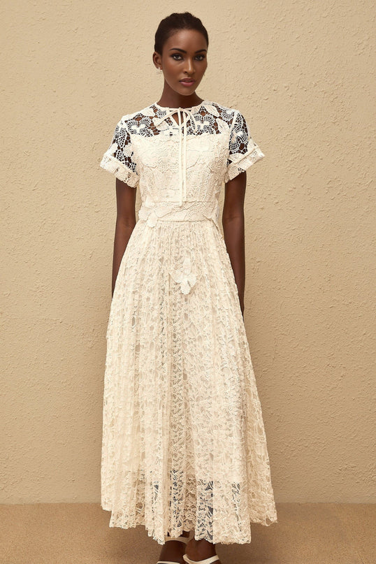 Zoe White Maxi Dress with Keyhole Neck and Floral Lace Appliqué