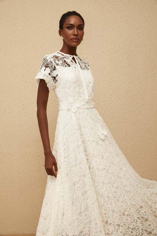 Zoe White Maxi Dress with Floral Lace and Butterfly Appliqué