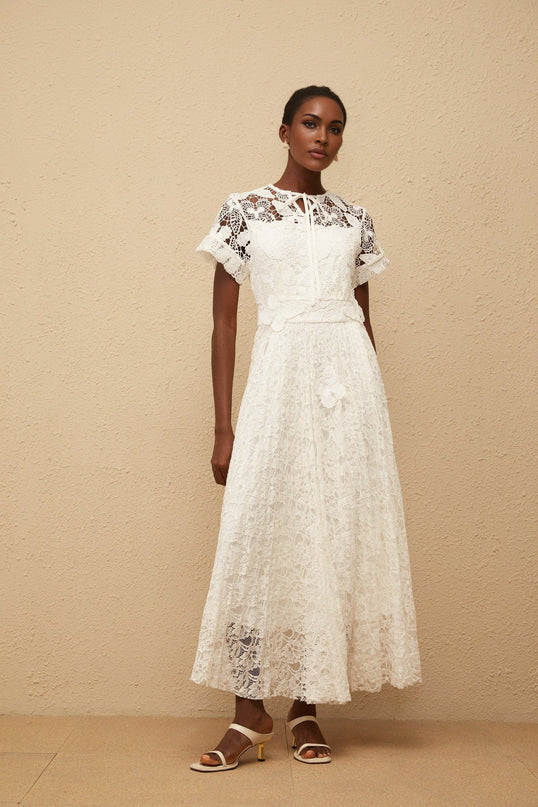 Zoe White Maxi Dress with Keyhole Neck and Floral Lace Details