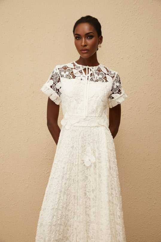Zoe White Maxi Dress with Floral Lace and Butterfly Appliqué