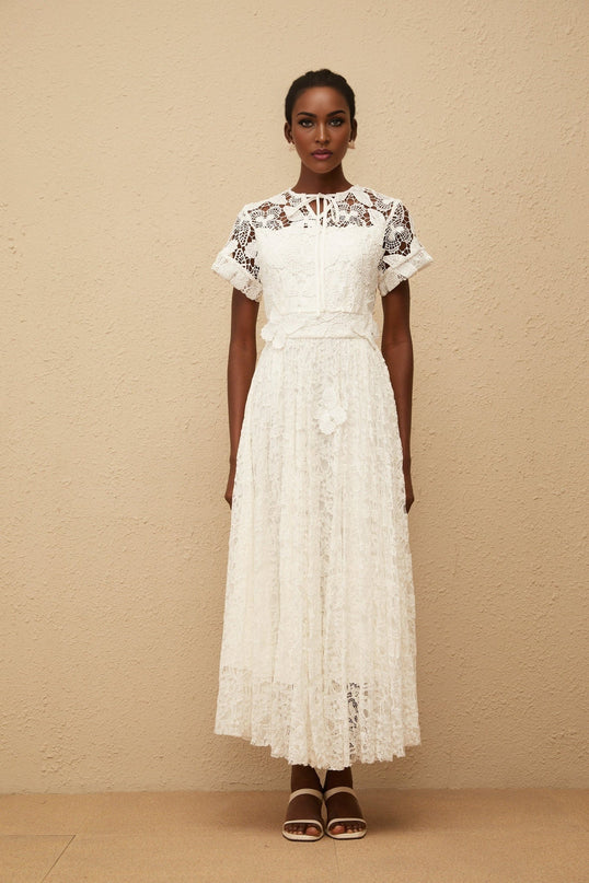 Zoe White Maxi Dress with Keyhole Neck and Butterfly Appliqué