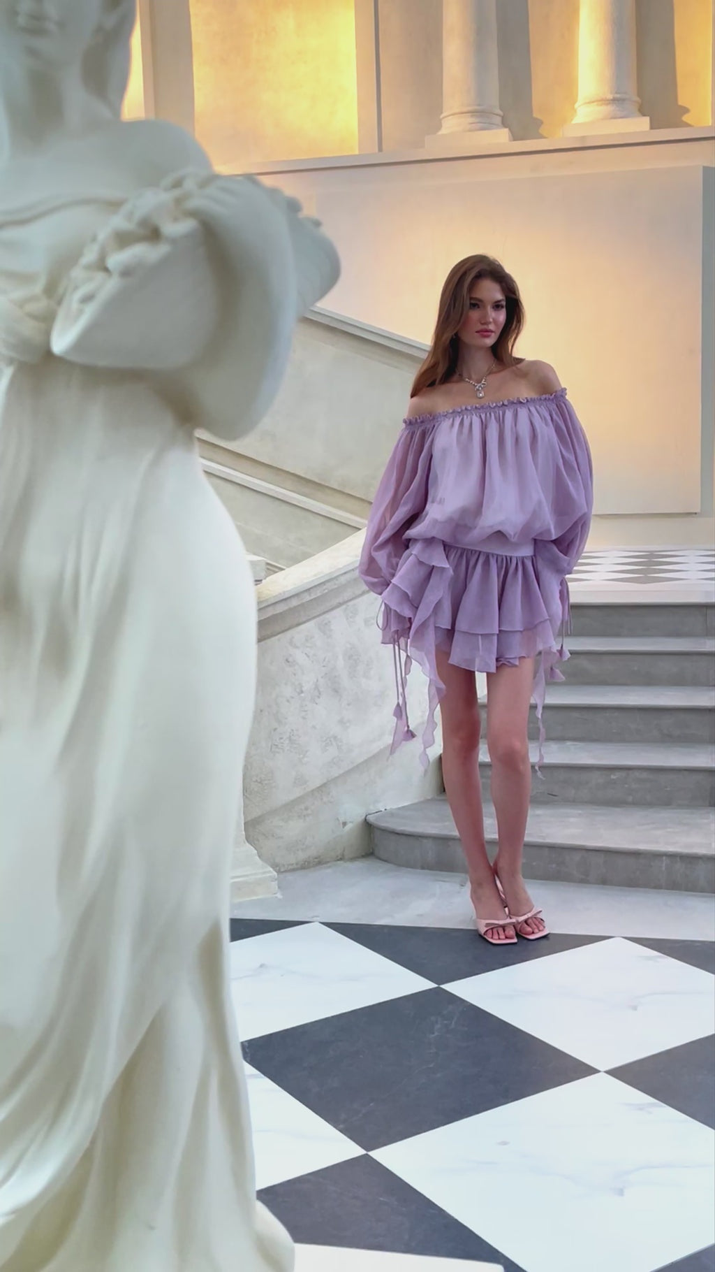 Zoéline Lilac Shirred Ruffled Blouse  Skirt Set