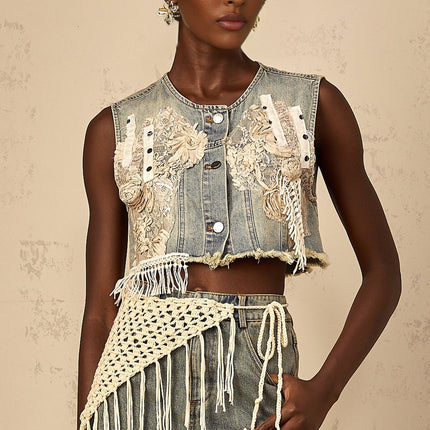 Zoey Blue Denim Shorts High Rise Frayed Crochet Belt Fringe Detailing