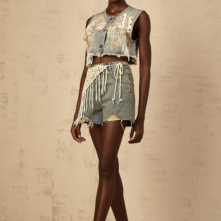 Zoey Blue Denim Shorts with Crochet Belt and Frayed Edges