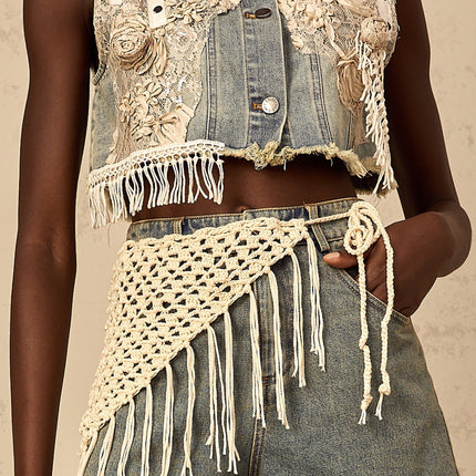 Zoey Blue Denim Shorts High Rise Frayed Crochet Belt Fringed Detailing